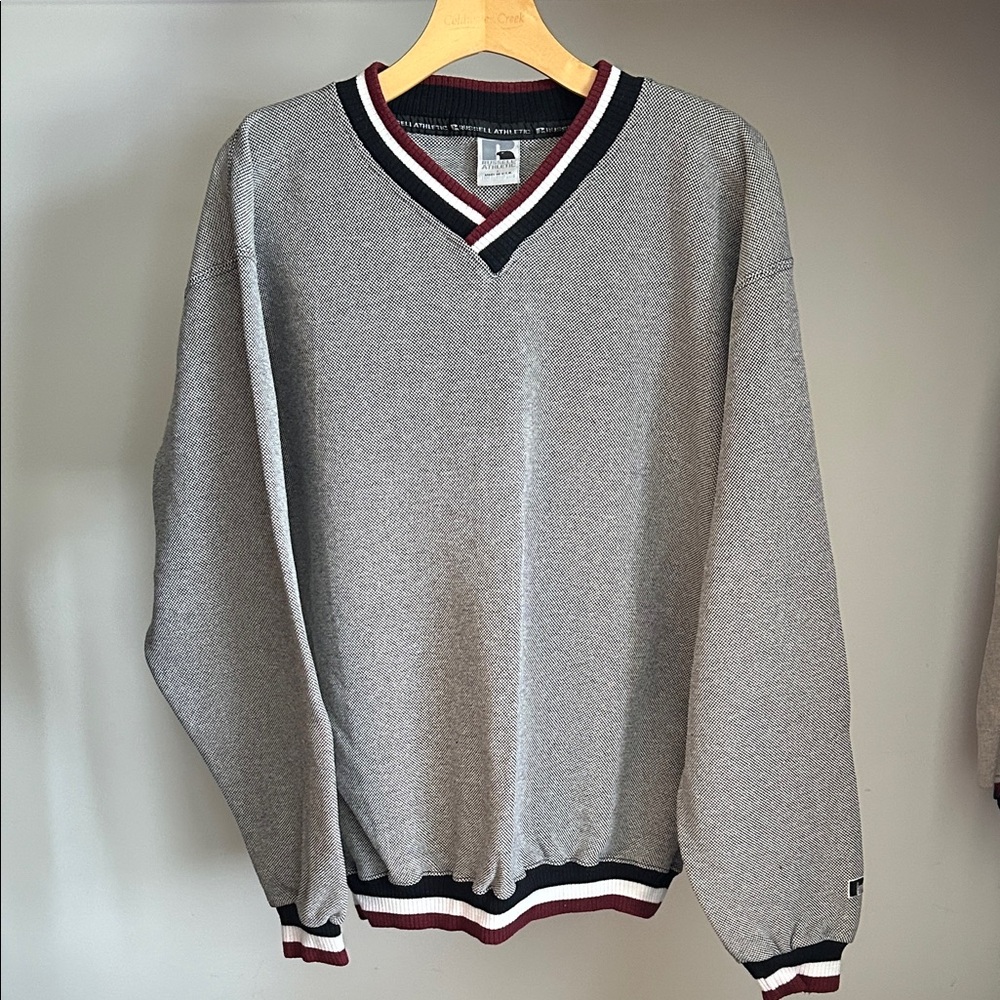 Russell Athletic Gray V-Neck Sweater with Maroon and Black Trim, Vintage 90’s